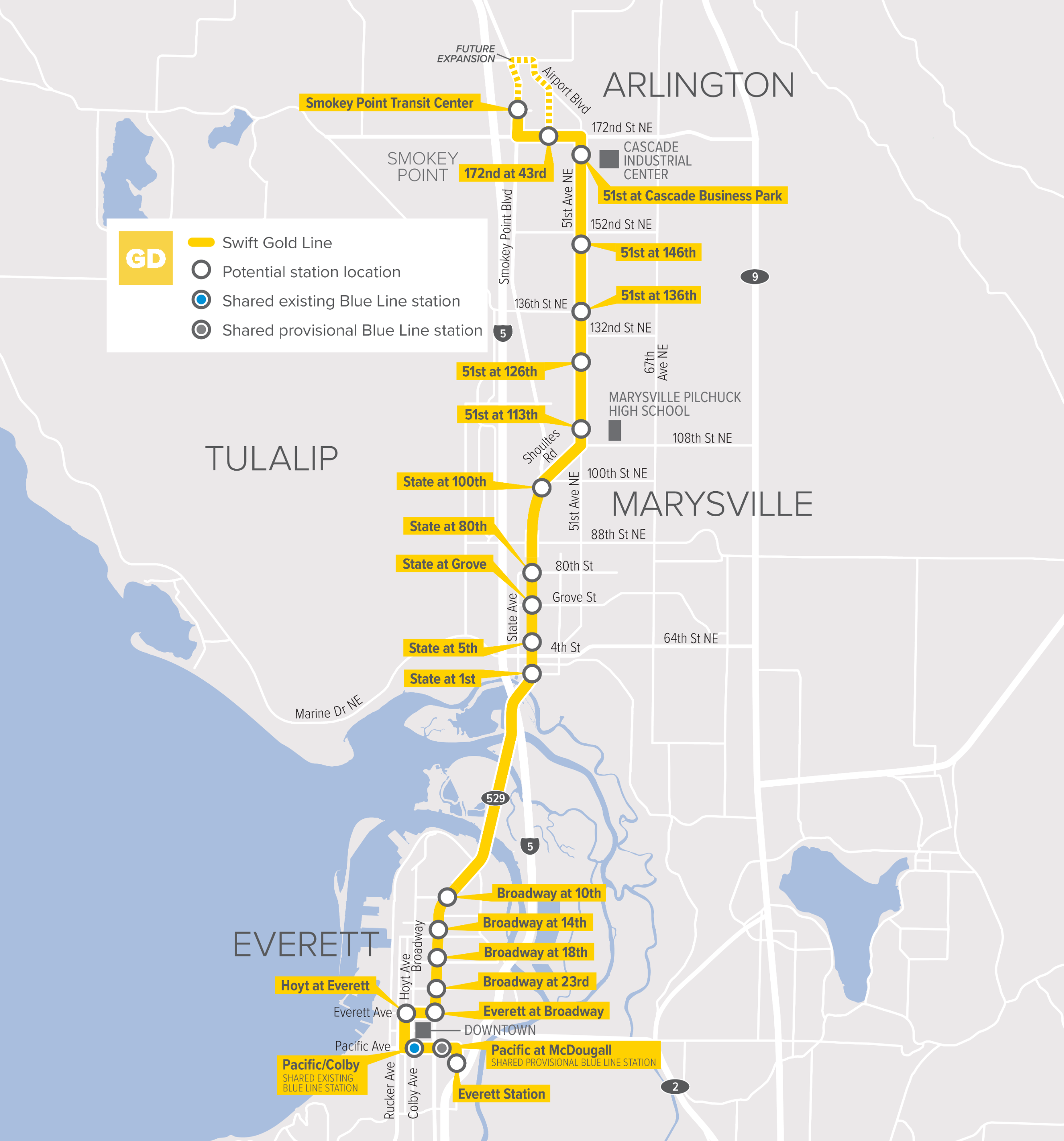 Map of the Swift Gold Line route showing 17 proposed station pair locations in Everett, Marysville, and Arlington. 