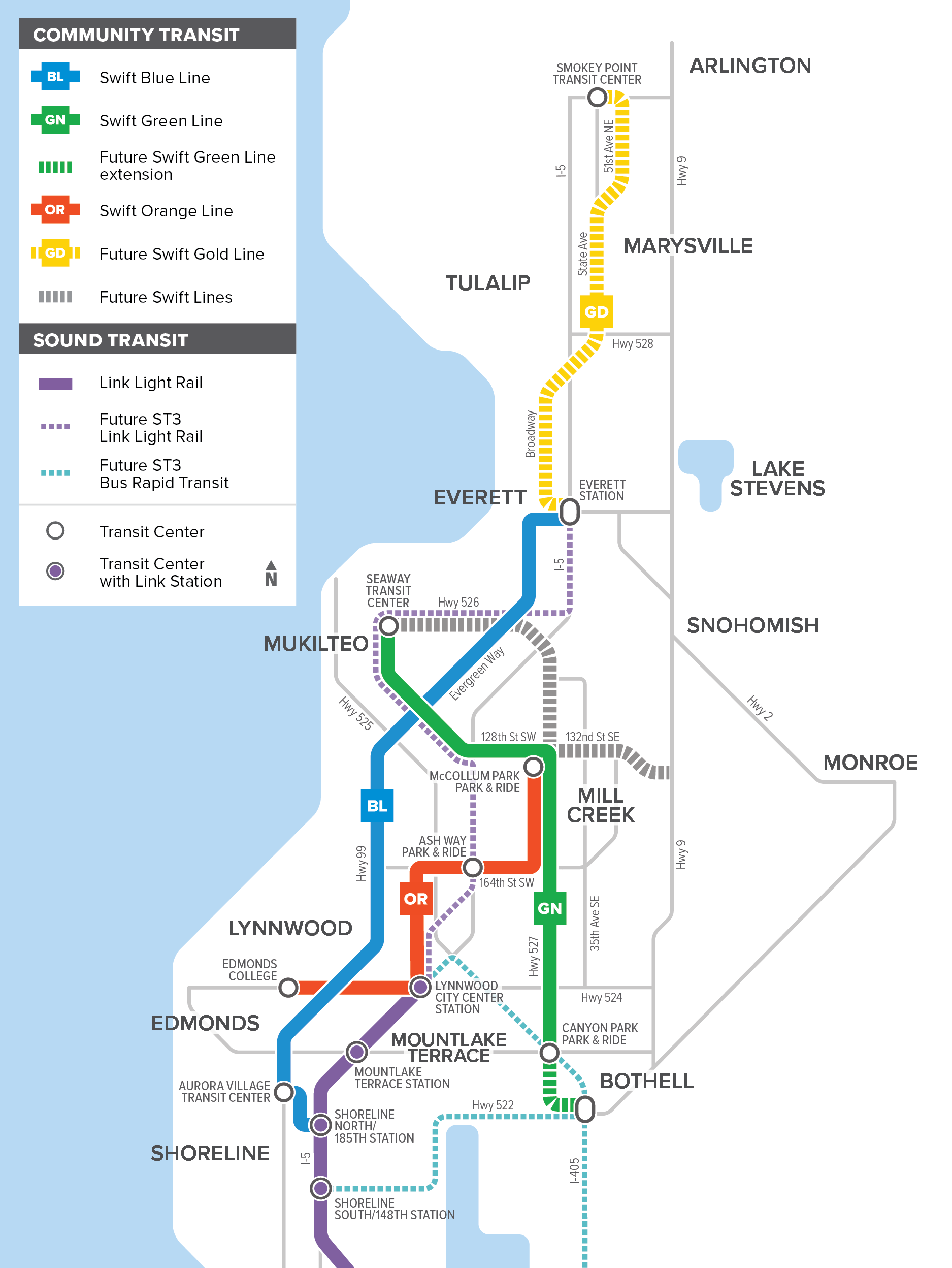 Map showing the routing and stations for Swift Blue, Green, and Orange, and the future Swift Gold Line.