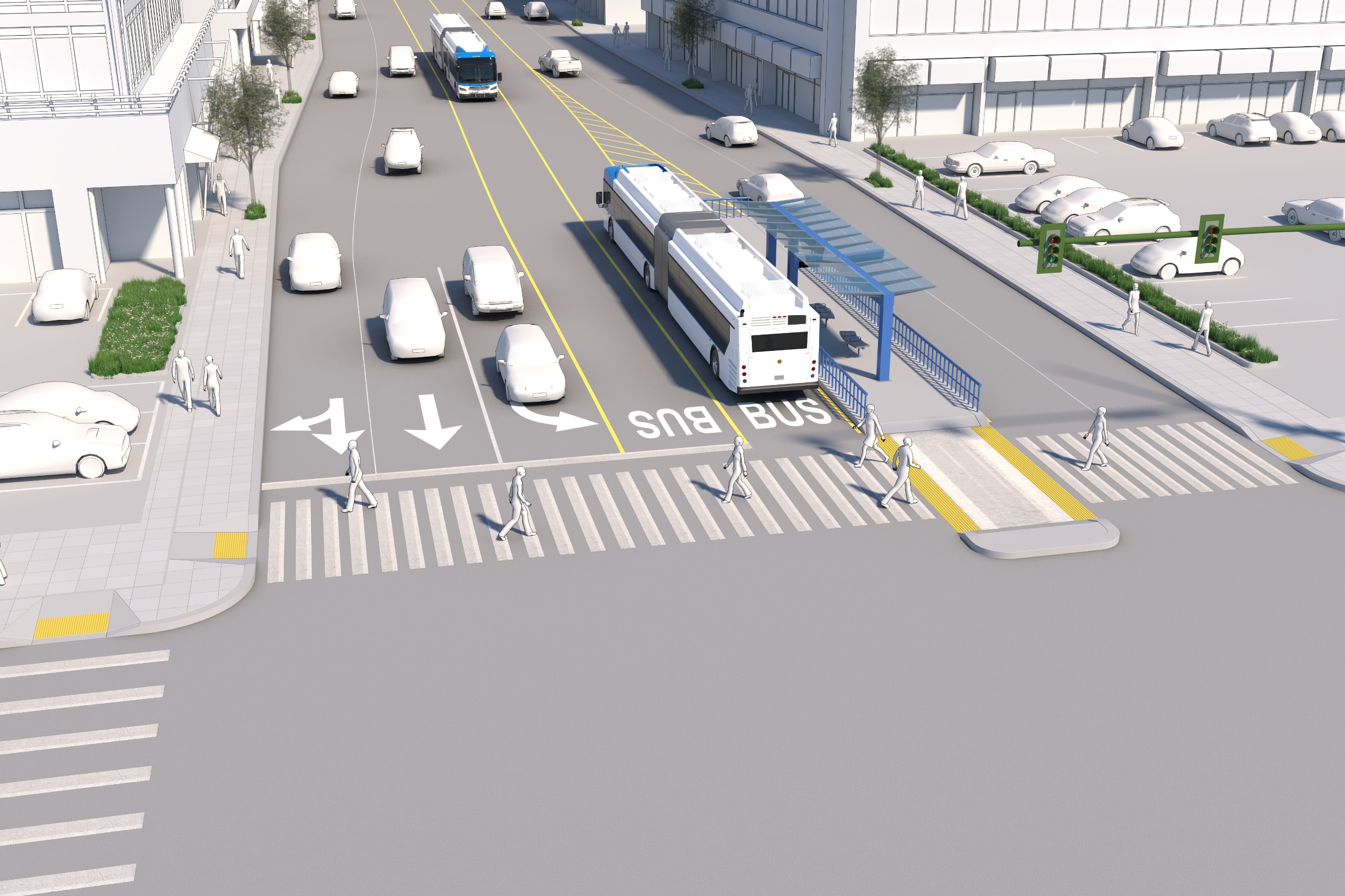 One bus is using a station in the center of the roadway. Another bus traveling in the opposite directions approaches from its own lane in the center of the roadway. At the intersection, cars are traveling in two lanes in both directions, as well as a turn lane. People walking are accessing the bus station with a crosswalk, which includes a pedestrian refuge at the station, halfway through the crosswalk.