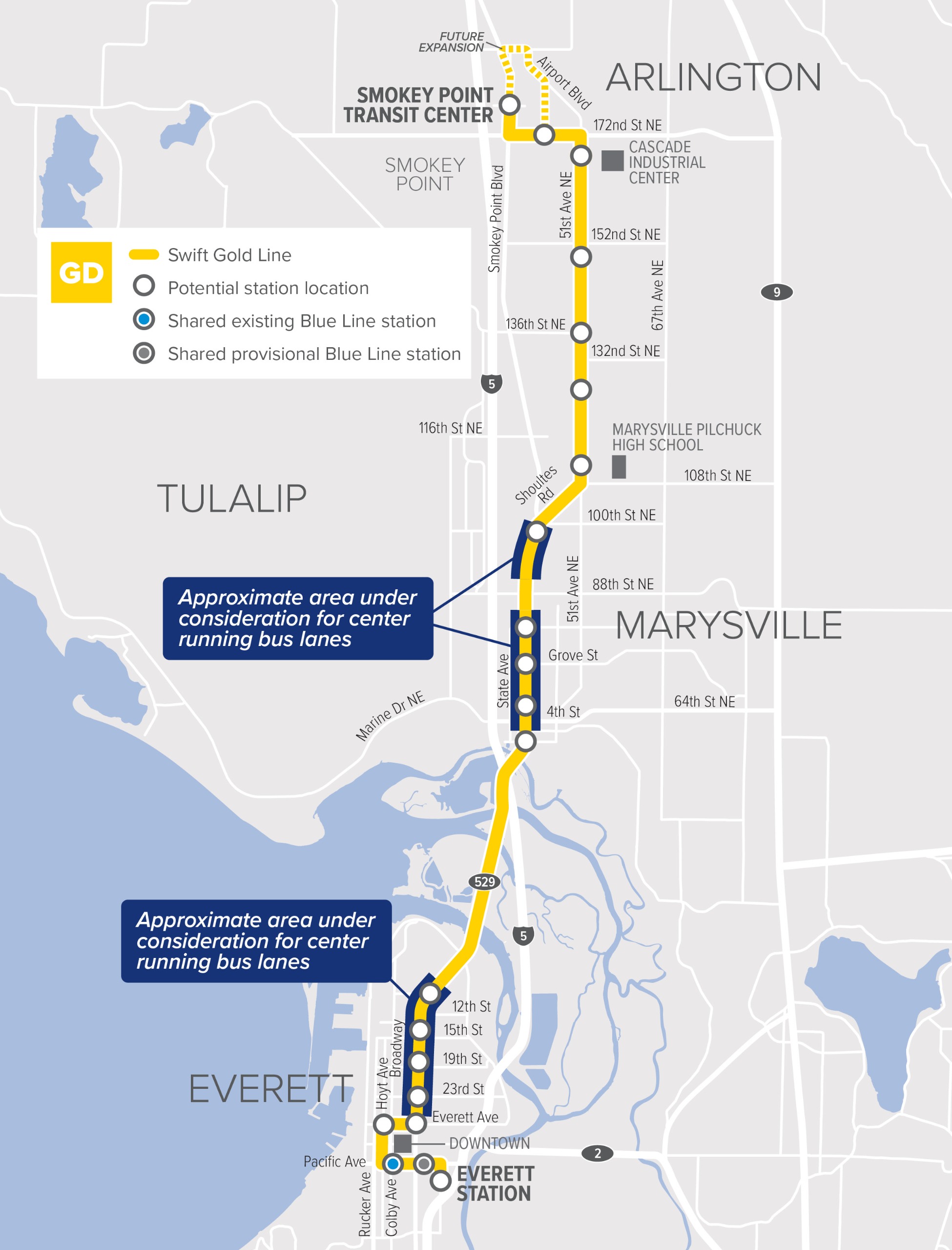 Map of the Swift Gold Line route showing the approximate area under consideration for center running bus lanes. The areas are along Broadway in Everett between Everett Ave and Tower St and along State Ave in Marysville between 1st St and 84th St NE as well as 92nd St NE and 100th St NE