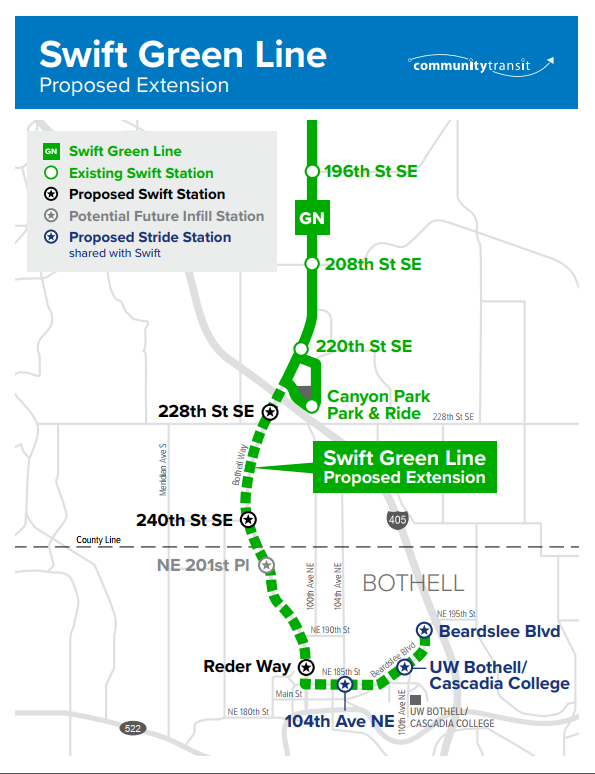 Map of the proposed Swift Green Line Extension showing proposed station locations